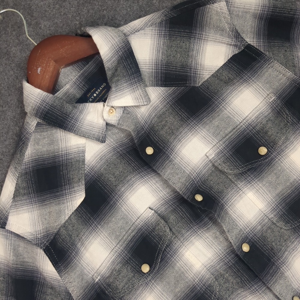 Lucky Brand Saturday Stretch Western Shirt Mens Small Black White Ombre Plaid